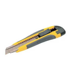 Nůž s odlamovací čepelí MASTERTOOL 18 mm, kovová vodítka, tlačítková svorka, TPR povlak, 3 čepele 17-0119