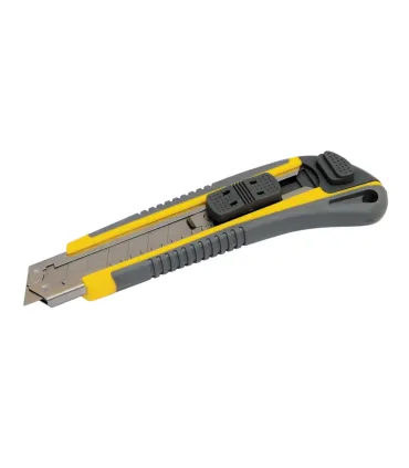 Nůž s odlamovací čepelí MASTERTOOL AUTO 18 mm, kovová vodítka, tlačítková svorka, TPR povlak, 3 čepele 17-0183