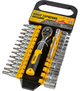 Sada hlavic nástrčných MASTERTOOL PROFI 1/4" 4-14 mm CrV, TORX, PH, HEX, SL, ráčna 72Т, nástavec 28 ks 78-1428