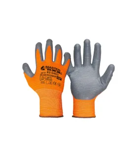 Rukavice pracovní MASTERTOOL pletené bezešvé s nitrilovým žebrovaným povlakem oranžovo/šedá 10" 83-0403