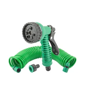 Zavlažovací sada MASTERTOOL 5 ks (pistole 7 funkcí, spirálová hadice 10 m, adaptér 1/2"-3/4" - samice, koncovka 3/8" - 2 ks)
