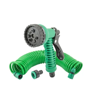 Zavlažovací sada MASTERTOOL 5 ks (pistole 7 funkcí, spirálová hadice 10 m, adaptér 1/2"-3/4" - samice, koncovka 3/8" - 2 ks)